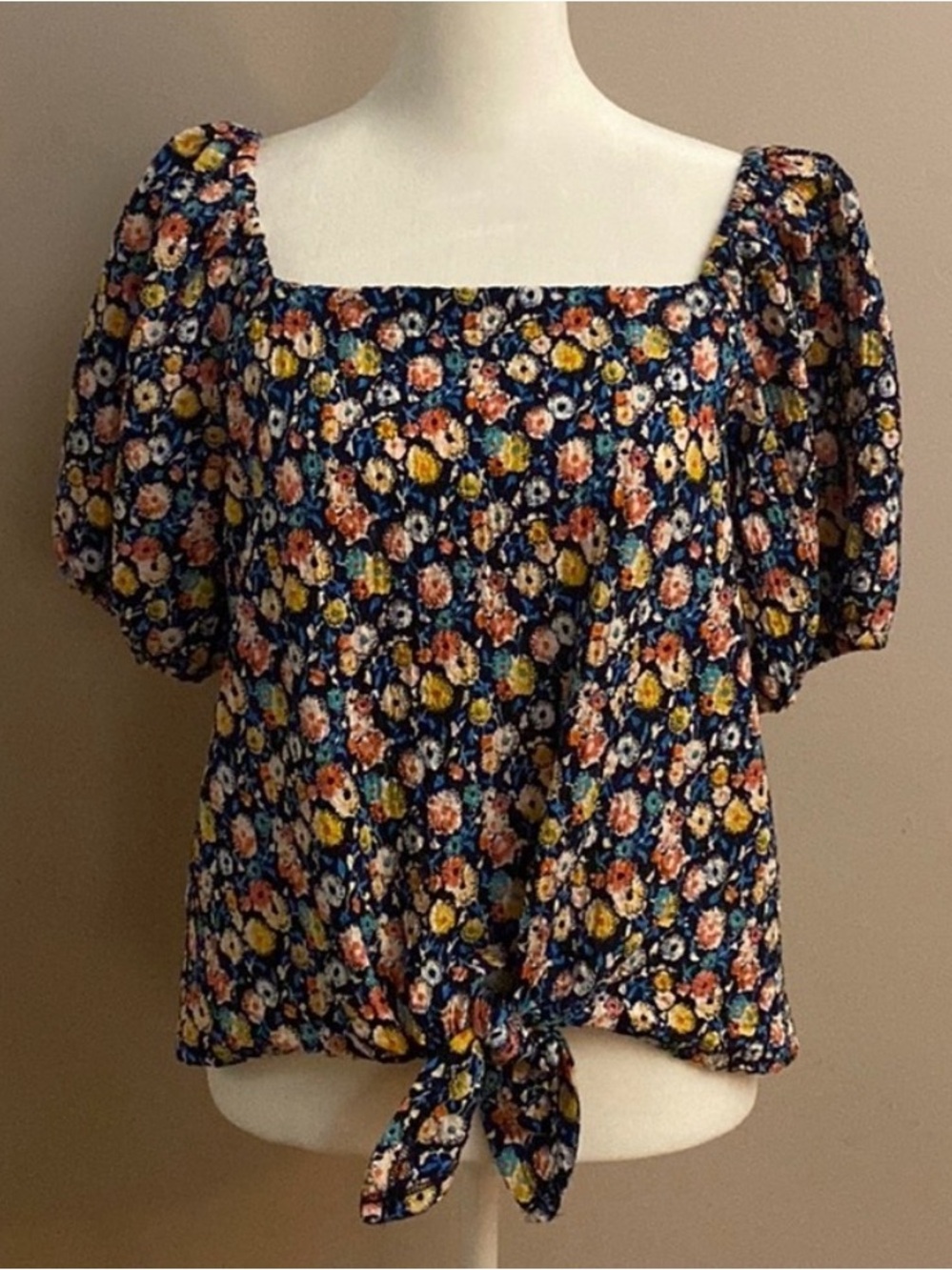 LOFT Navy Floral Tie-front Blouse